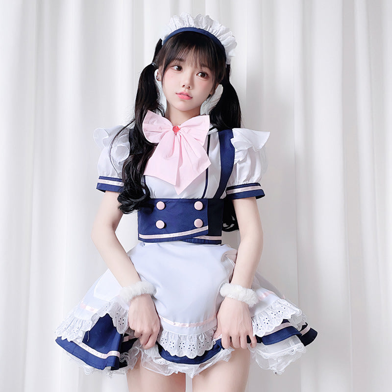 Women's navy and white maid Halloween costume dress with pink bow and lace apron - view 4