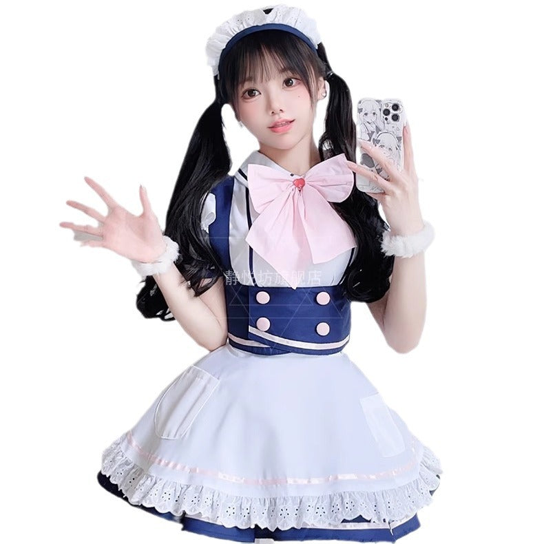 Women's navy and white maid Halloween costume dress with pink bow and lace apron - view 5