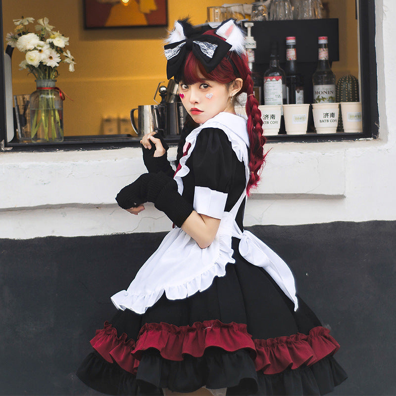 Black and red ruffled cat maid Halloween costume with white apron, red bow and cat ear headband - view 2