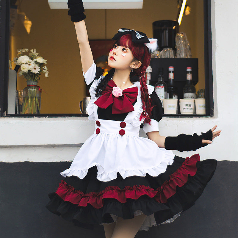 Black and red ruffled cat maid Halloween costume with white apron, red bow and cat ear headband - view 3