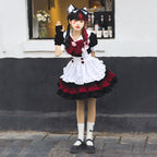 Black and red ruffled cat maid Halloween costume with white apron, red bow and cat ear headband - view 4
