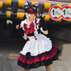 Black and red ruffled cat maid Halloween costume with white apron, red bow and cat ear headband - view 5