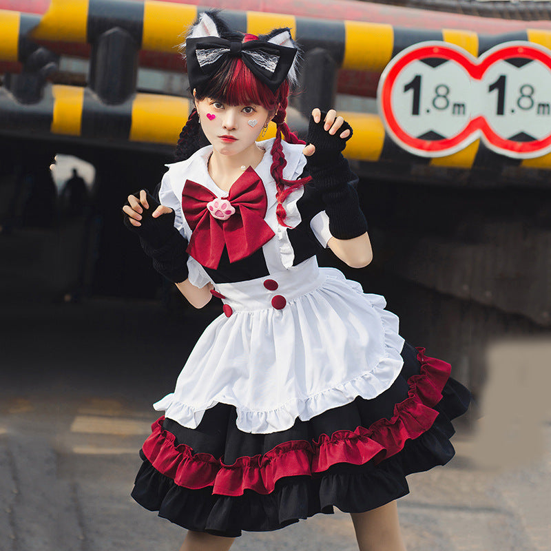 Black and red ruffled cat maid Halloween costume with white apron, red bow and cat ear headband - view 5