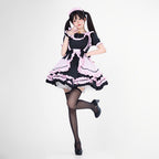 Black and pink ruffled maid Halloween costume dress with apron and bows - view 2