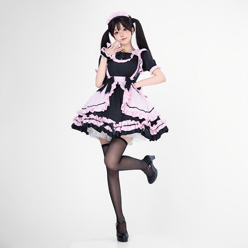 Black and pink ruffled maid Halloween costume dress with apron and bows - view 2