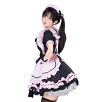 Black and pink ruffled maid Halloween costume dress with apron and bows - view 3