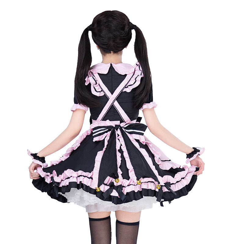 Black and pink ruffled maid Halloween costume dress with apron and bows - view 4