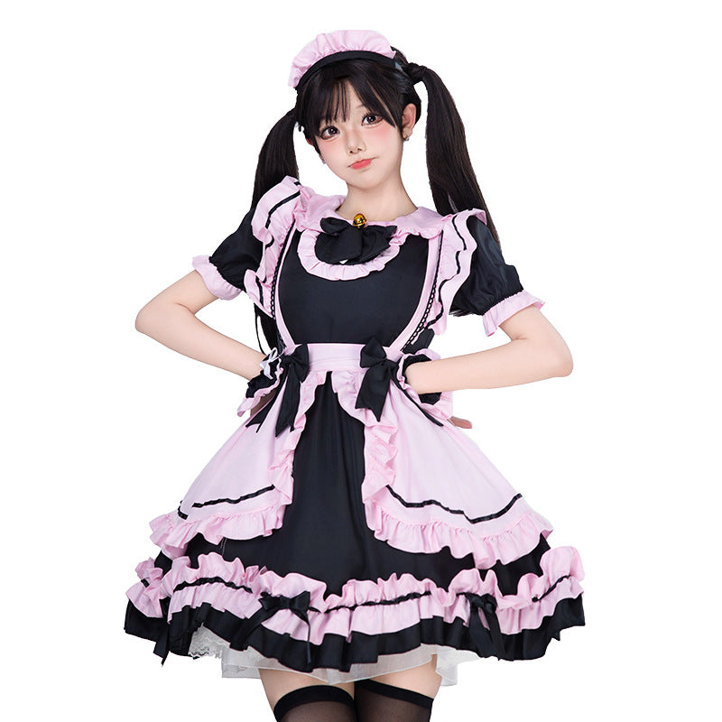 Black and pink ruffled maid Halloween costume dress with apron and bows - view 5