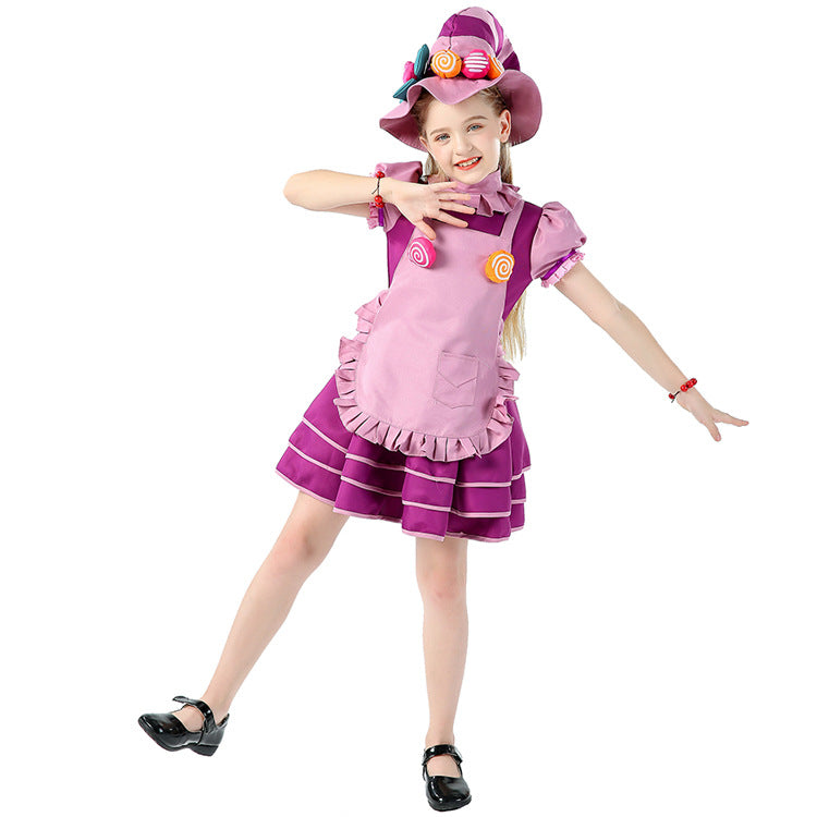 Girls candy Halloween costume with purple tiered dress, pink ruffled apron and candy-trimmed hat