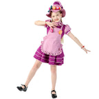 Girls candy Halloween costume with purple tiered dress, pink ruffled apron and candy-trimmed hat