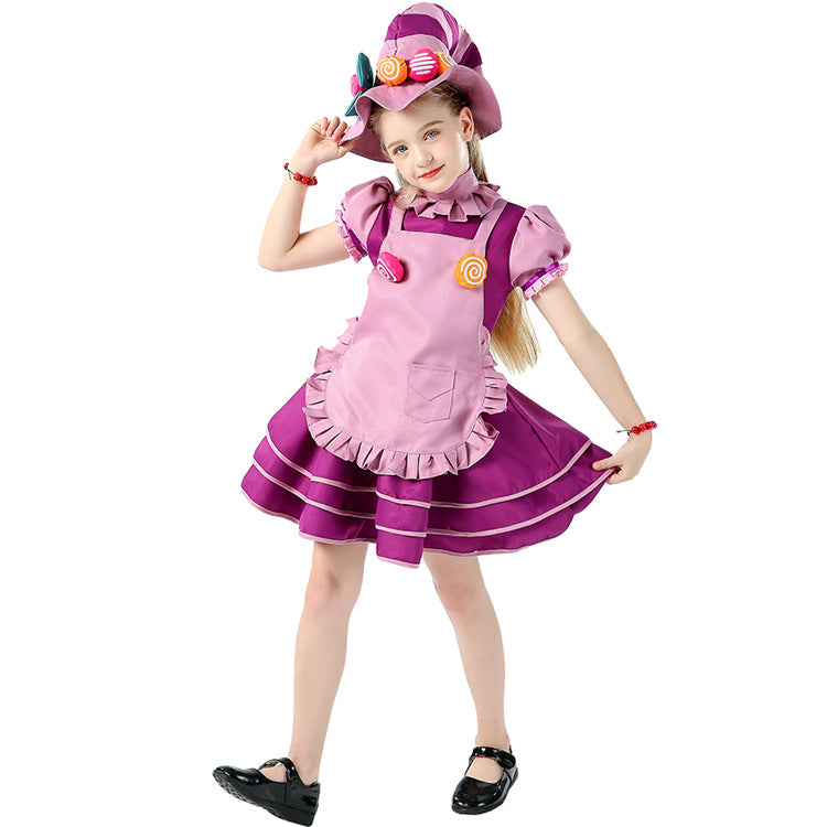 Girls candy Halloween costume with purple tiered dress, pink ruffled apron and candy-trimmed hat - view 2