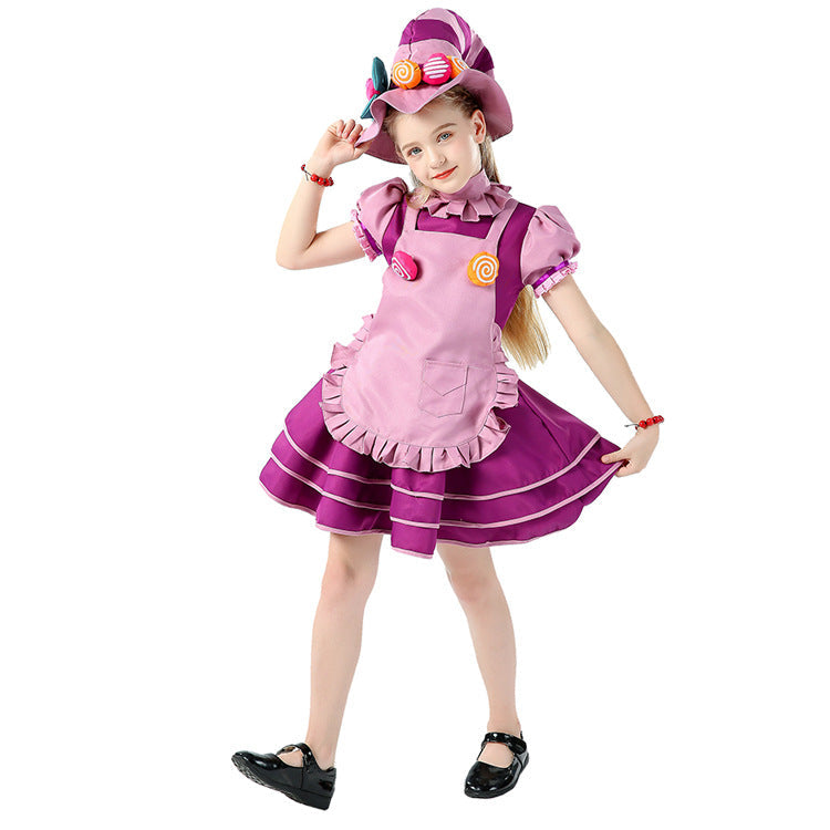 Girls candy Halloween costume with purple tiered dress, pink ruffled apron and candy-trimmed hat - view 4