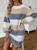 Woman wearing an oversized white, taupe and gray striped sweater dress with balloon sleeves - view 4