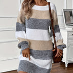 Woman wearing an oversized white, taupe and gray striped sweater dress with balloon sleeves - view 6