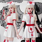 Women's white nurse Halloween costume mini dress with red trim, heart apron and matching nurse cap - view 3