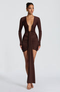Brown long sleeve ruched bodycon mini dress with plunging neckline and long front drape