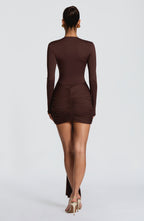 Brown long sleeve ruched bodycon mini dress with plunging neckline and long front drape - view 3
