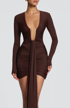 Brown long sleeve ruched bodycon mini dress with plunging neckline and long front drape - view 4