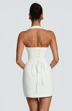 Strapless fitted mini dress with halter strap and lace-up corset back - view 10