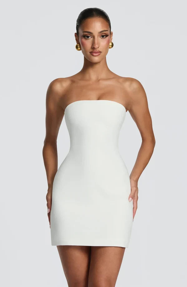 Strapless fitted mini dress with halter strap and lace-up corset back - view 12