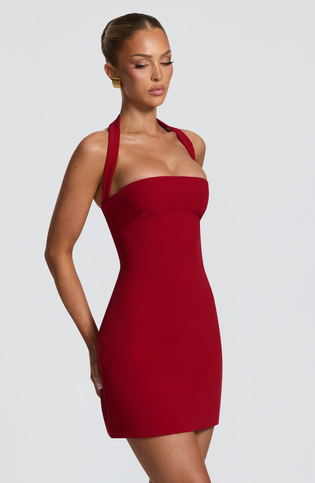 Strapless fitted mini dress with halter strap and lace-up corset back - view 3