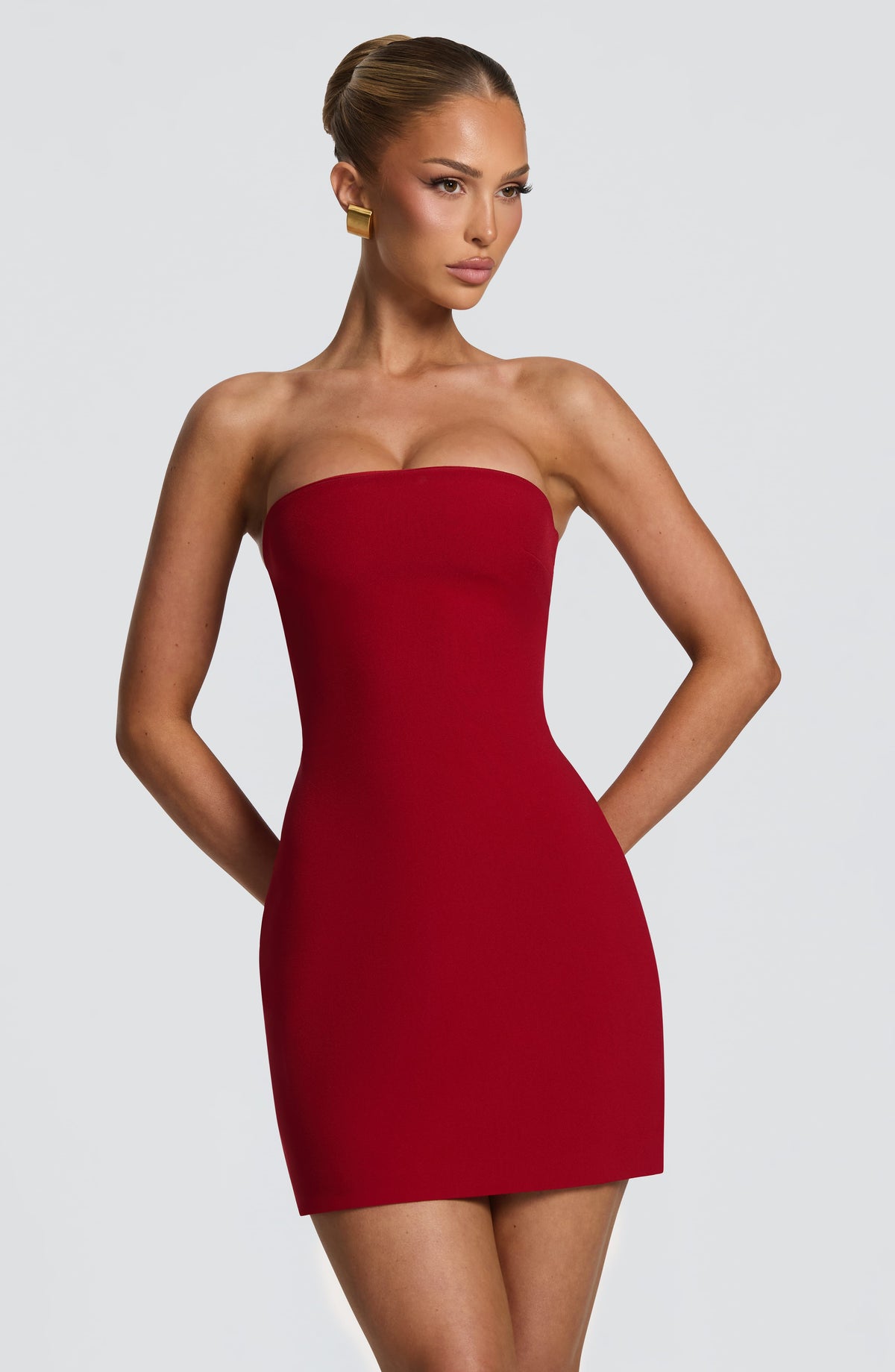 Strapless fitted mini dress with halter strap and lace-up corset back - view 4
