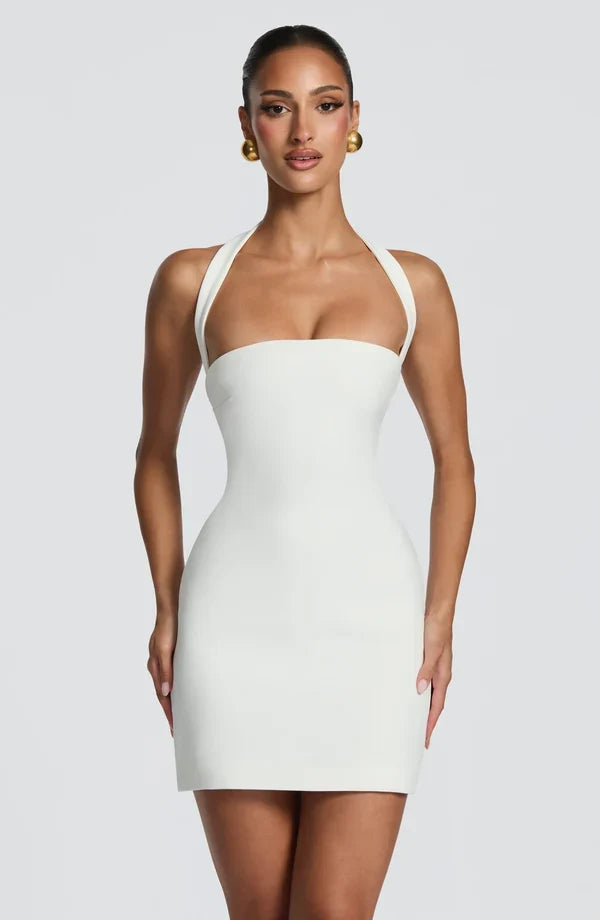 Strapless fitted mini dress with halter strap and lace-up corset back - view 8