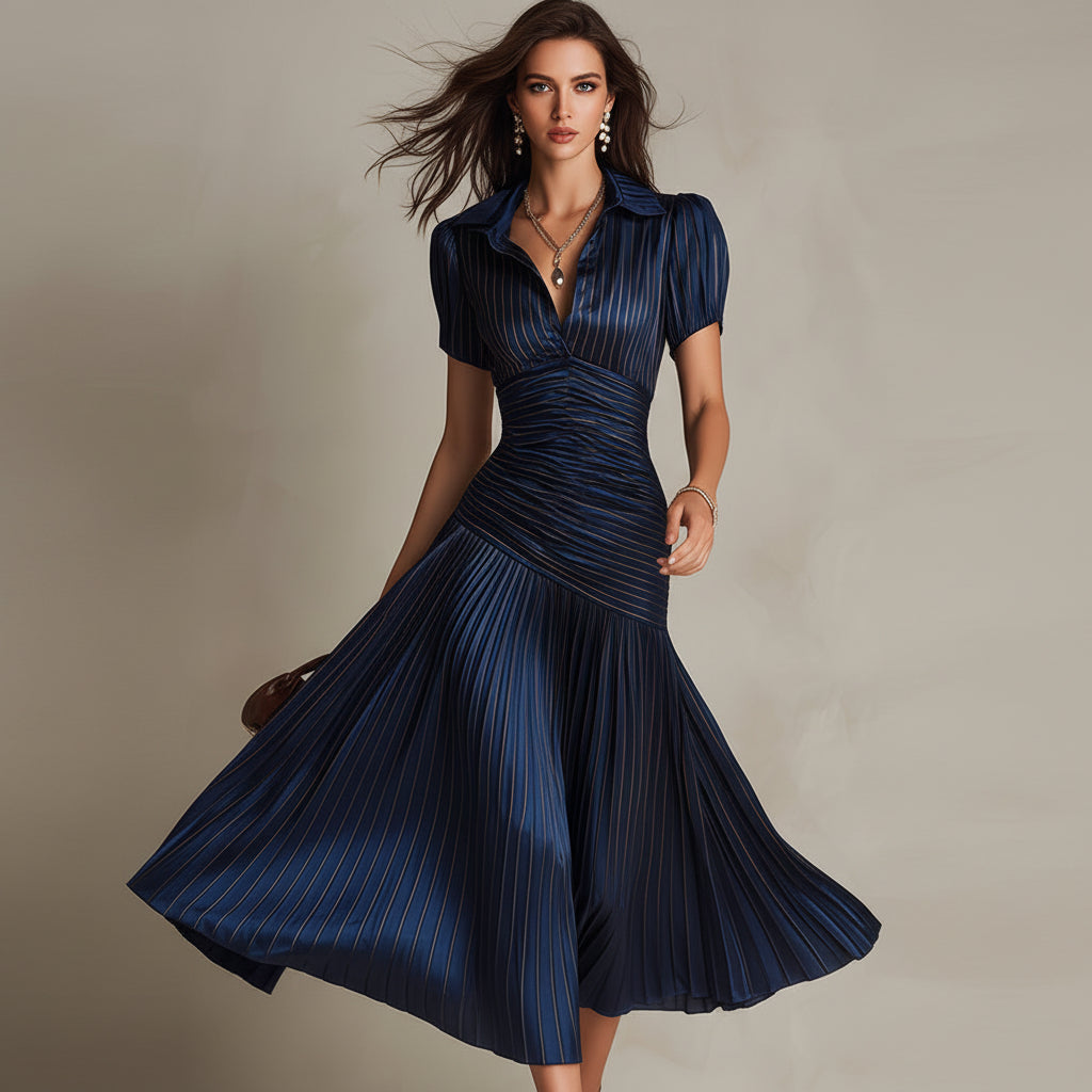 Ruched pleated satin midi dress with shirt collar and puff sleeves
