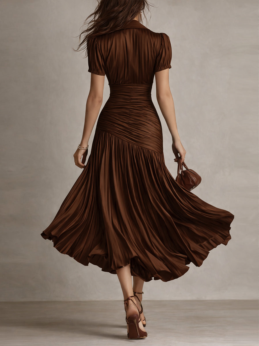 Ruched pleated satin midi dress with shirt collar and puff sleeves - view 10