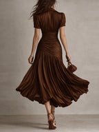 Ruched pleated satin midi dress with shirt collar and puff sleeves - view 10