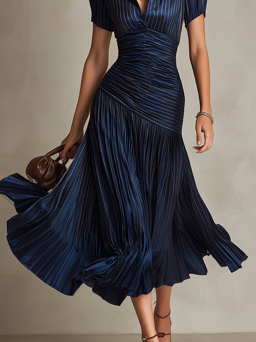 Ruched pleated satin midi dress with shirt collar and puff sleeves - view 11