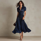 Ruched pleated satin midi dress with shirt collar and puff sleeves - view 5