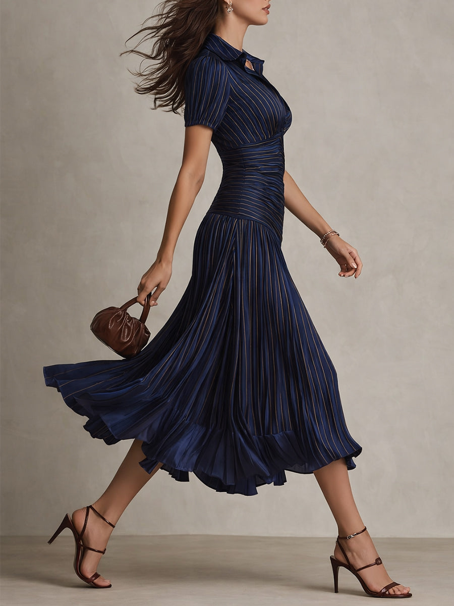 Ruched pleated satin midi dress with shirt collar and puff sleeves - view 6