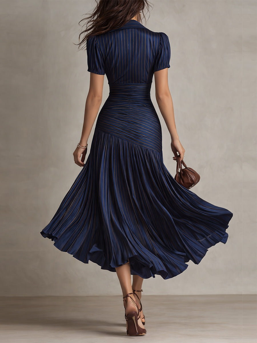Ruched pleated satin midi dress with shirt collar and puff sleeves - view 7