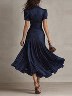 Ruched pleated satin midi dress with shirt collar and puff sleeves - view 7
