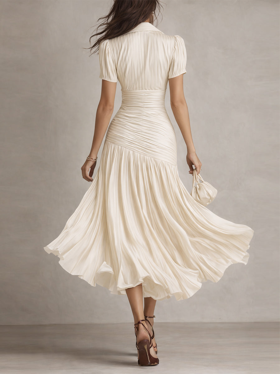 Ruched pleated satin midi dress with shirt collar and puff sleeves - view 8
