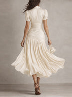 Ruched pleated satin midi dress with shirt collar and puff sleeves - view 8