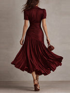 Ruched pleated satin midi dress with shirt collar and puff sleeves - view 9