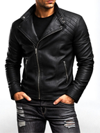 Men's leather-look biker jacket with diagonal zip and banded cuffs