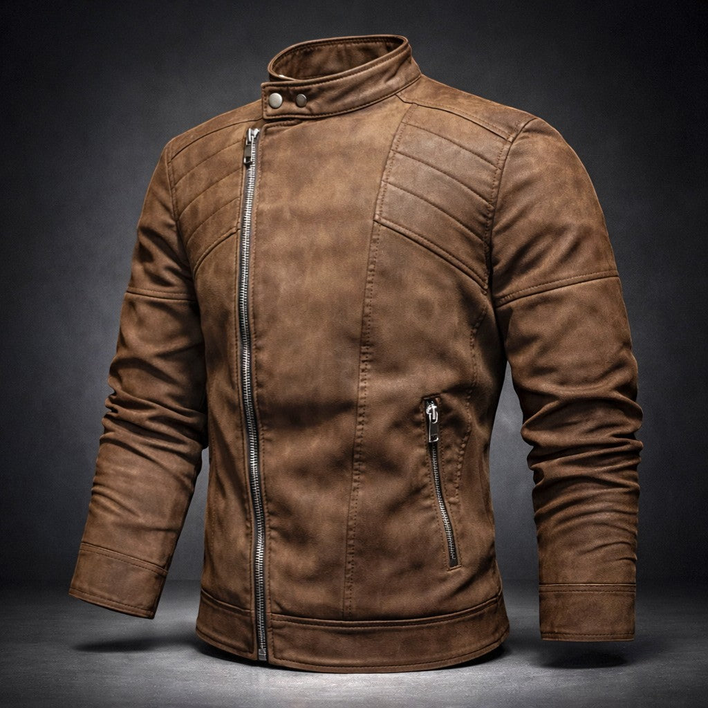 Men's leather-look biker jacket with diagonal zip and banded cuffs - view 5