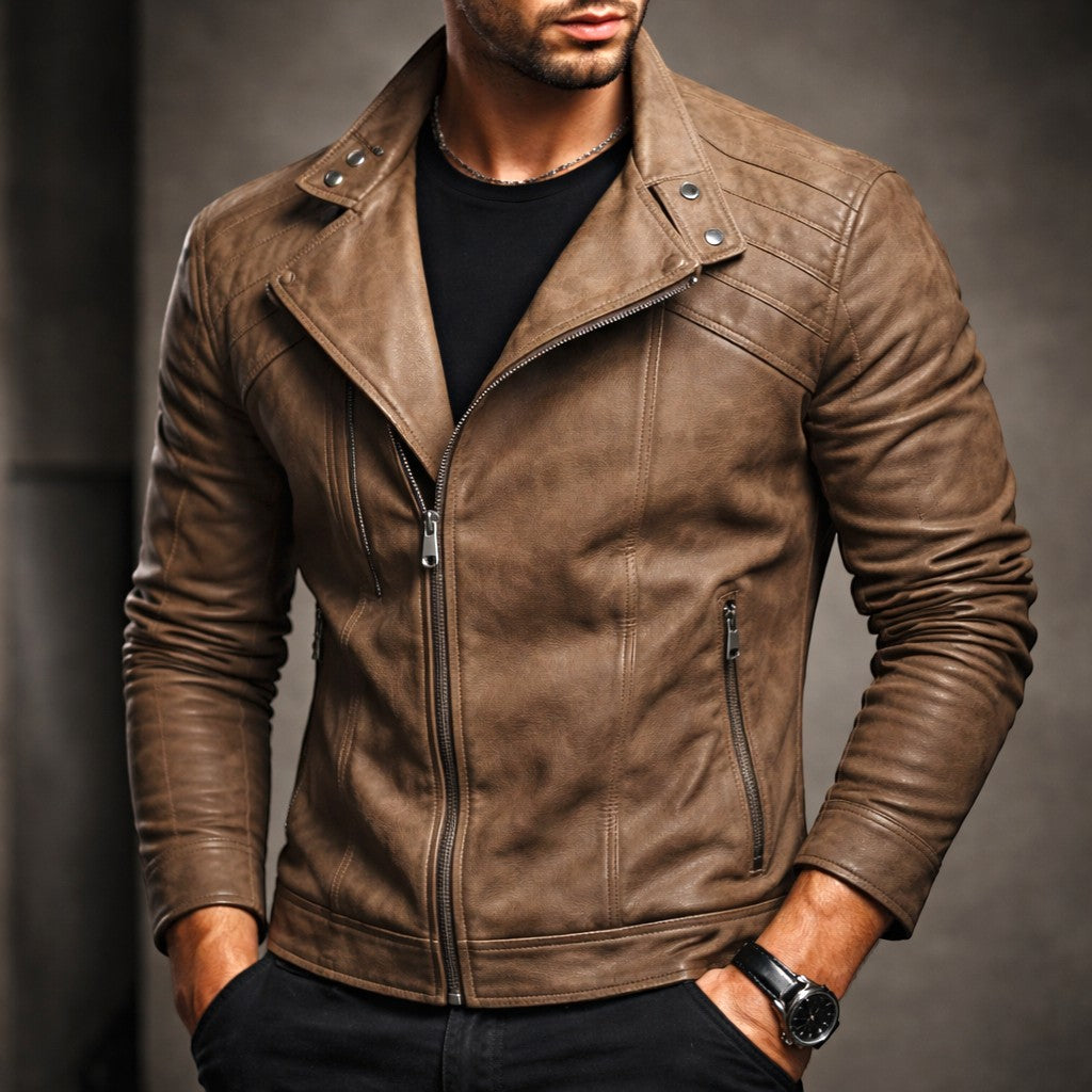 Men's leather-look biker jacket with diagonal zip and banded cuffs - view 6