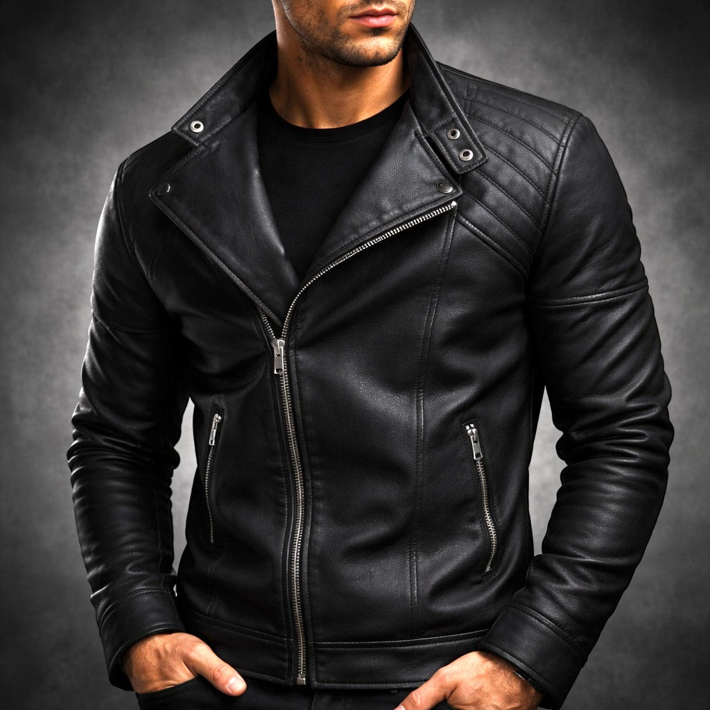 Men's leather-look biker jacket with diagonal zip and banded cuffs - view 7