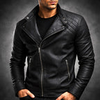 Men's leather-look biker jacket with diagonal zip and banded cuffs - view 7