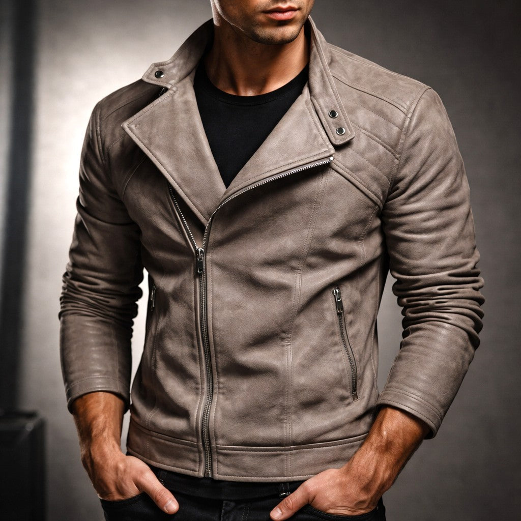 Men's leather-look biker jacket with diagonal zip and banded cuffs - view 9
