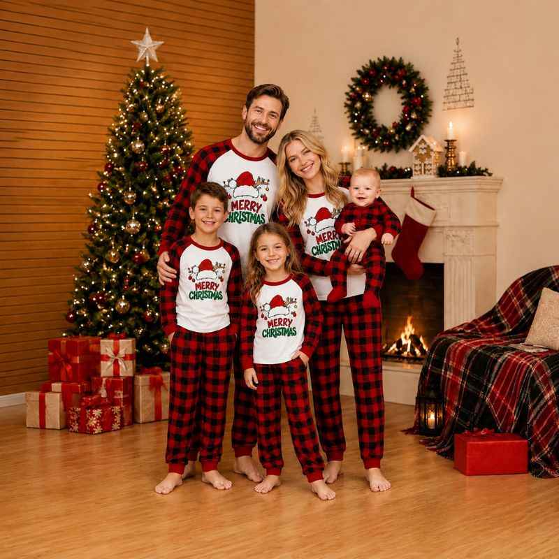 Matching Christmas pajamas with Merry Christmas Santa hat top and red check pants for the family