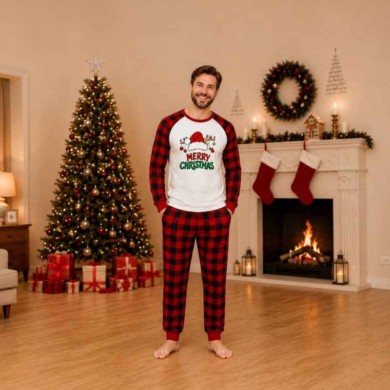 Matching Christmas pajamas with Merry Christmas Santa hat top and red check pants for the family - view 2