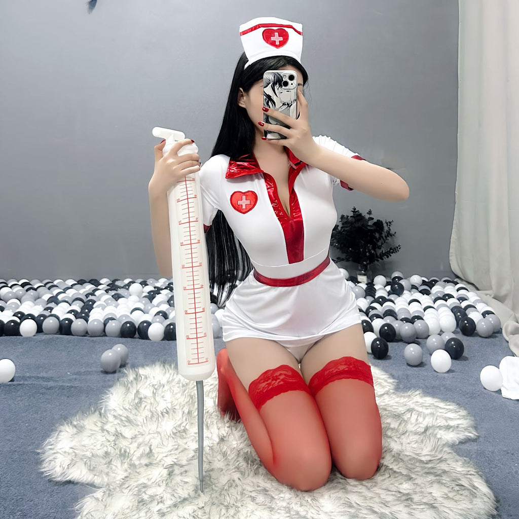 Women's white nurse Halloween costume mini dress with glossy red trim and red lace-top stockings