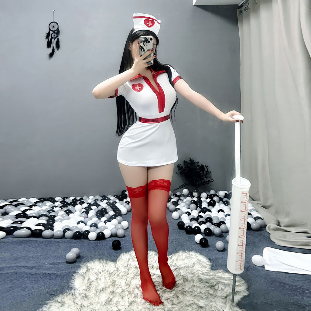 Women's white nurse Halloween costume mini dress with glossy red trim and red lace-top stockings - view 2
