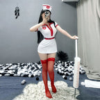 Women's white nurse Halloween costume mini dress with glossy red trim and red lace-top stockings - view 2