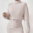 Ribbed turtleneck sweater dress with blouson top and ruched bodycon skirt